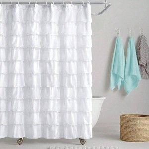 White Shower Curtain, Farmhouse Ruffle Fabric, Sheer, 72 Long - 1 of 4