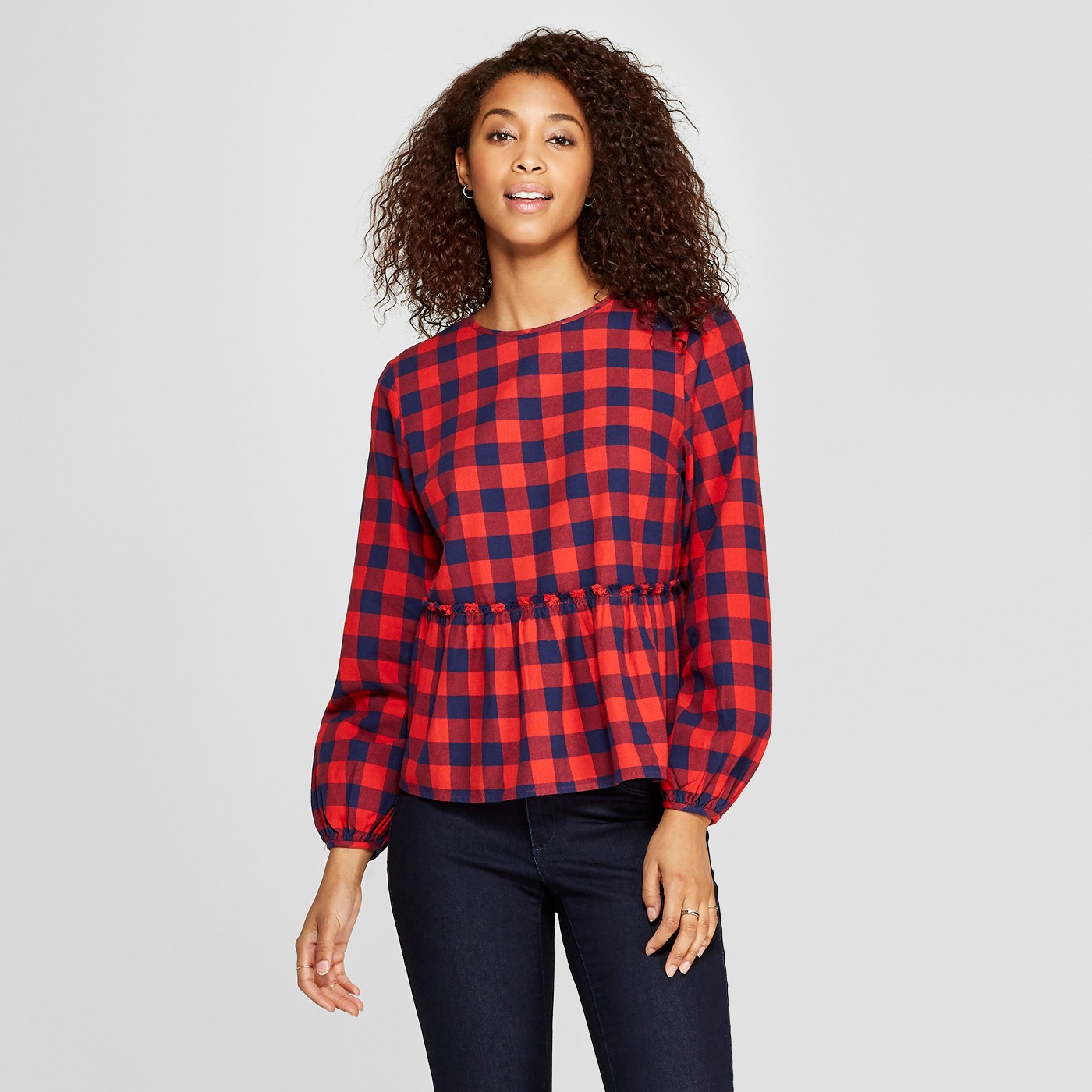 Women's Long Sleeve Flannel Peplum Blouse - Universal Thread™ Red - image 1 of 3