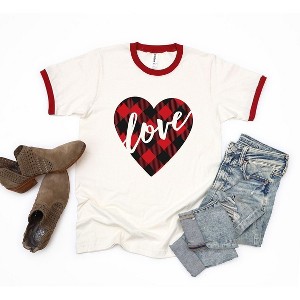 Simply Sage Market Women's Buffalo Plaid Love Heart Short Sleeve Ringer Tee - 1 of 3