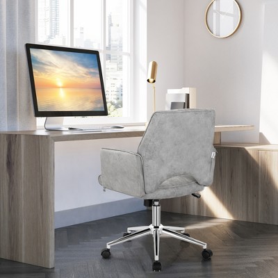 Gray Leather Mid Back Swivel Task Chair with Adjustable Arms