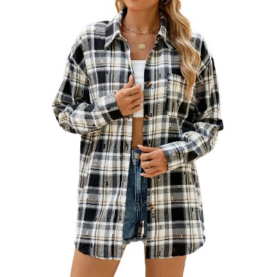 Fall Shacket Plaid Button Down Ripped Flannel Shirt Jackets Ripped Textured Plaid Jakcets Fall Winter Outwear Coats