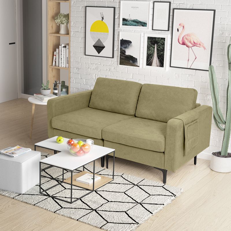 Costway Modern Loveseat Linen Fabric 2-Seat Sofa Couch w/ Side Storage Pocket Green\Orange, 3 of 11
