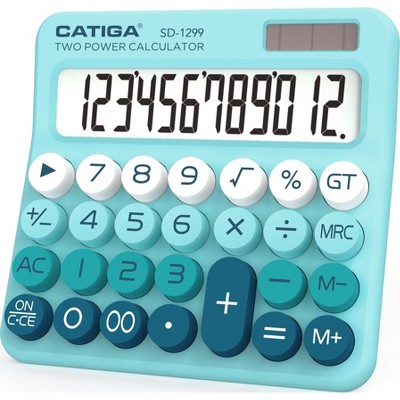 CATIGA Mechanical Switch Calculator, 12-Digit LCD, Solar & Battery Power, Cute Desktop Design with Big Buttons for Home, School, and Office SD-1299