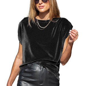 Amaryllis Women's Gathered Up Sleeve Velvet Blouse with Round Neckline Gathered Shoulder Detail Relaxed Fit Soft Fabric - 1 of 4