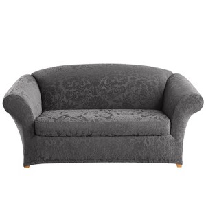 Stretch Jacquard Damask Loveseat Slipcover Gray - Sure Fit