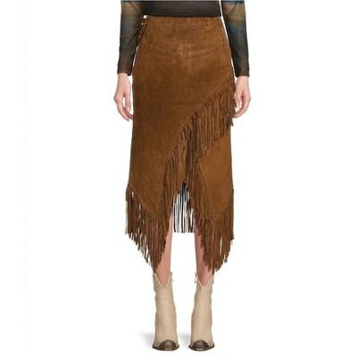 Women's Long Suede Leather Fringe Midi Skirt - Scully