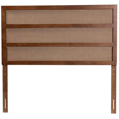 Walnut Wood and Rattan Queen Size Headboard with Woven Design