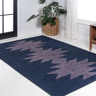 Navy and Purple Geometric Chenille 4' x 6' Washable Rug
