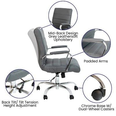 Gray Leather Executive Swivel Office Chair with Metal Frame