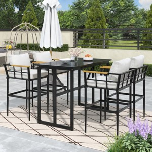 5-Piece Patio Dining Set with Cushioned Chairs and Acacia Wood Armrests, Ideal for Balcony, Backyard, Deck or Small Outdoor Spaces–The Pop Home - 1 of 4