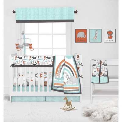 Bacati - Jungle Safari Aqua Orange Gray 10 pc Crib Bedding Set with Long Rail Guard Cover