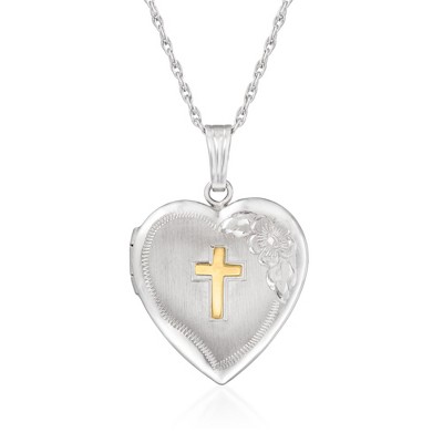 Ross-Simons Sterling Silver Heart Locket Necklace With 14kt Yellow Gold Cross