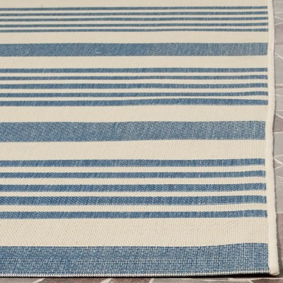 Beige and Blue Striped Synthetic Indoor/Outdoor Runner Rug