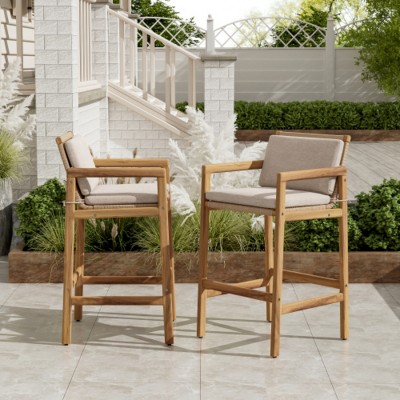 Set of 2 Wood Bar Stools with Cushions and Rattan-Woven Seats, Compact Counter Height Chairs for Balcony or or Outdoor Bar – The Pop Home