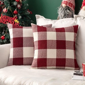 Pack of 2 Christmas Classic Farmhouse Buffalo Check Plaids Linen Soft Soild Decorative Square Porch Throw Pillow Covers - 1 of 4