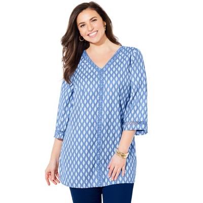 Catherines Women's Plus Size Crochet Trim V-Neck Tunic