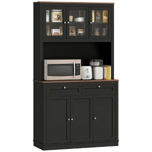 HOMCOM 71" Tall Kitchen Pantry Storage Cabinet with 2 Drawers, Microwave Cabinet with Adjustable Shelves and Glass Doors, Black - 1 of 4