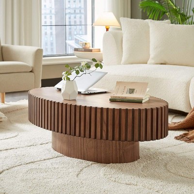 Modern 43'' Oval MDF Wood Drum Coffee Table with Pedestal Base, Handcrafted Pedestal Small Coffee Table for Living Room Bedroom-Coolbibila