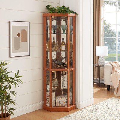 YOOCOZZ Lighted Corner Glass Curio Cabinet Display Case for Living Room Antique Collection Wine Bar Glass Storage - Dark Oak