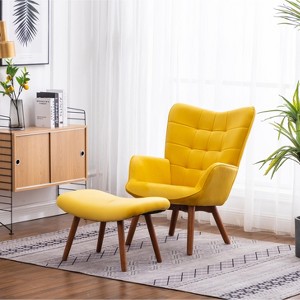 Roundhill Furniture Leiria Contemporary Silky Velvet Tufted Accent Chair with Ottoman, Yellow - 1 of 4