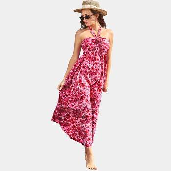Women's Red Floral Halter Neck Maxi Dress - Cupshe