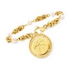 Ross-Simons Italian 6mm Cultured Pearl and Replica Lira Coin Byzantine Bracelet in 18kt Gold Over Sterling - 3 of 4