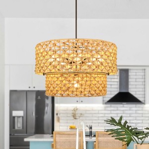 LNC Holophankton 6-Light 26" Coastal Larger Tiered Drum Chandelier, Matte Black Canopy with Natural Rattan Shade - 1 of 4