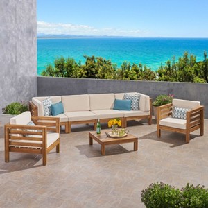 Christopher Knight Home Oana Outdoor Acacia Wood 6 Seater Sofa and Club Chair Chat Set with Cushions - 1 of 4