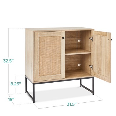 Natural Rattan 2-Door Storage Cabinet with Black Metal Legs