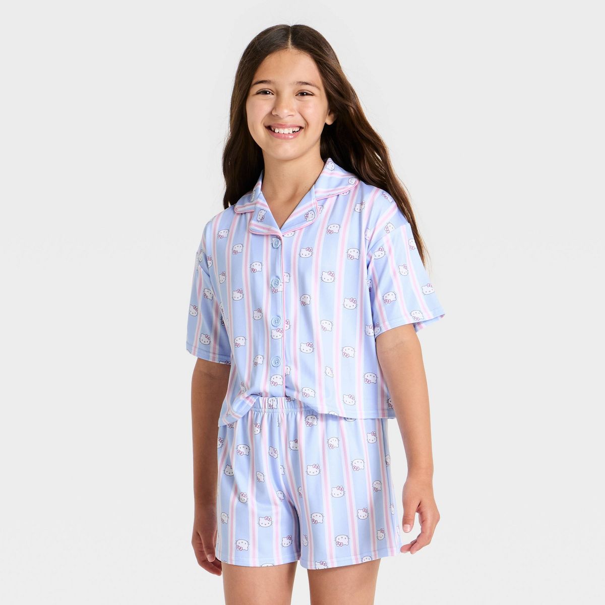 Girls' 2pc Hello Kitty  Striped Button-Down Pajama Set - Blue - thumbnail 3