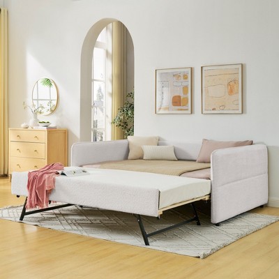 Lycvki Beige Boucle Fabric Upholstered Trundle Sofa Bed