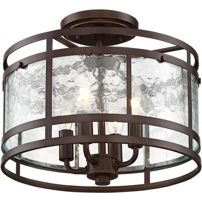 Franklin Iron Works Rustic Industrial Ceiling Light Semi Flush Mount Fixture Oiled Bronze 13 1/4" Wide Water Glass Drum Bedroom