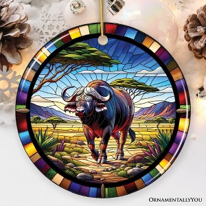 African Buffalo Wildlife Encounter Stained Glass Style Ceramic Ornament, Safari Animals Christmas Gift and Decor| OrnamentallyYou - 1 of 4