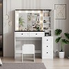 Bedroom Dresser Set with Lights, 3 Light Modes, Vanity and Stool, Wooden Vanity with Charging Stand/Drawer/Hidden Storage Shelf, White - 2 of 4