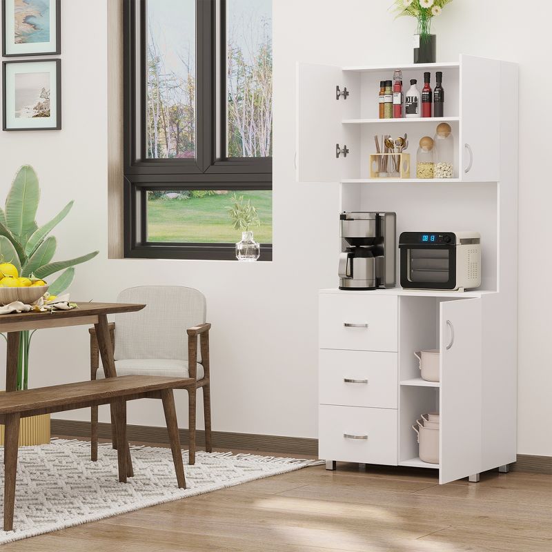 HOMCOM Freestanding Kitchen Pantry, Buffet with Hutch Storage Organizer with 2 Door Cabinets, 3 Drawers and Open Countertop, Adjustable Shelf, White, 3 of 9