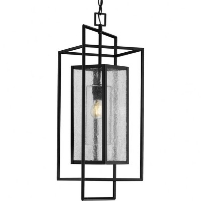 Progress Lighting Navarre 1-Light Matte Black Seeded Glass Outdoor Hanging Pendant