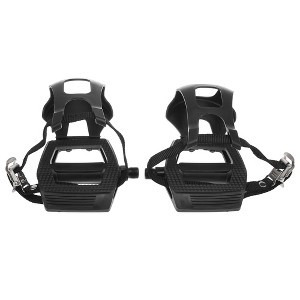 Unique Bargains 9/16" Spindle Platform with Toe Clips Fixed Foot Strap Bike Pedals Black 6.77"x4.49"x3.94" 1 Pair - 1 of 4