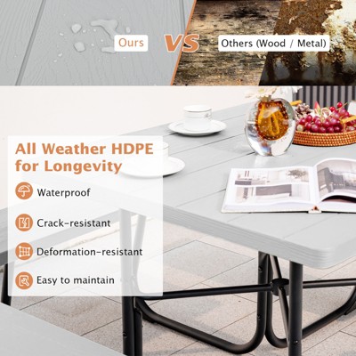 Gray HDPE Outdoor Square Picnic Table with 4 Benches and Umbrella Hole