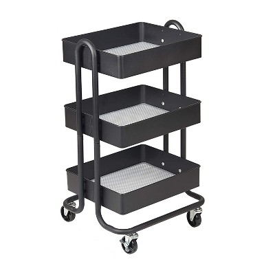 ECR4Kids 3 Tier Metal Rolling Storage Organizer Utility Cart with 4 Rolling Caster Wheels for Office, Kitchen, and Bathroom, Black