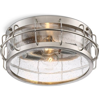 16" Satin Nickel Glass Drum Flush Mount Ceiling Light