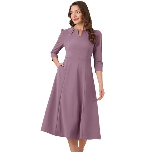 INSPIRE CHIC Women's Elegant Split Neck Side Zipper Pockets 3/4 Sleeve Work A-Line Dress - 1 of 4
