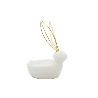 Sagebrook Home 6" Ceramic Trinket Tray - Bunny Rabbit Jewelry Holder in White with Gold Metal Ears - Decorative Jewelry Storage