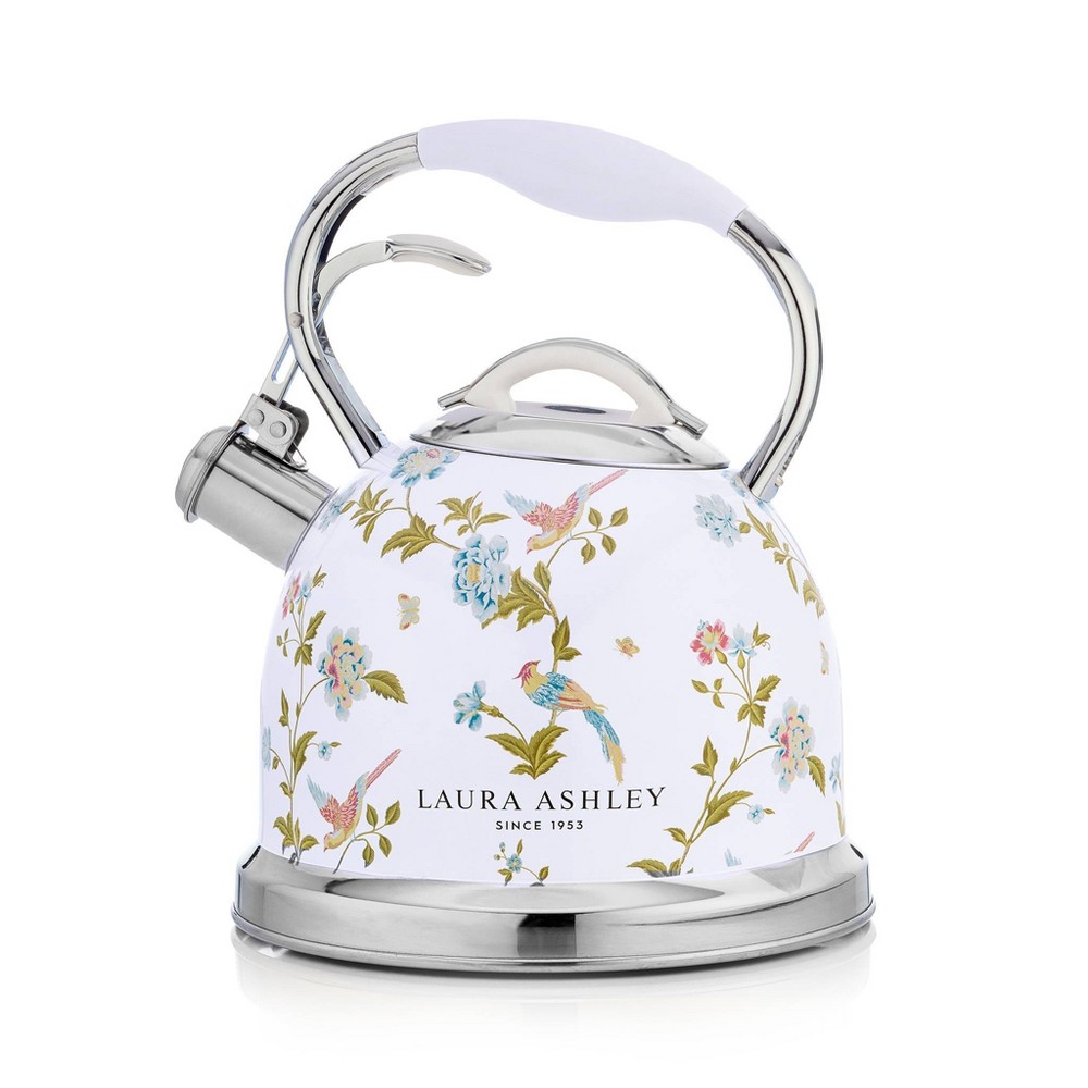 Laura Ashley Stovetop Kettle White: Stainless Steel Lid & Tea Maker, Rubber Handle, 1-Year Warranty, 101 oz Capacity