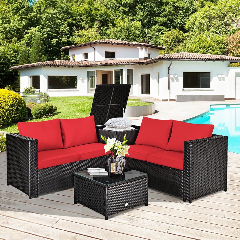 Costway 8PCS Outdoor Patio Rattan Furniture Set Cushioned Loveseat Storage Table Red\Navy, 2 of 11