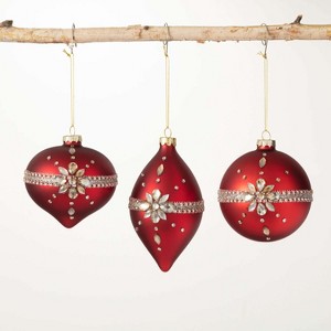 Matte Red Gem Ornament Multicolor 5.5"H Glass Set of 3 - 1 of 2