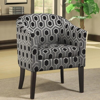Fabric and Metal Accent Chair with Barrel Back, Hexagon Print and Tapered Legs for Living Room