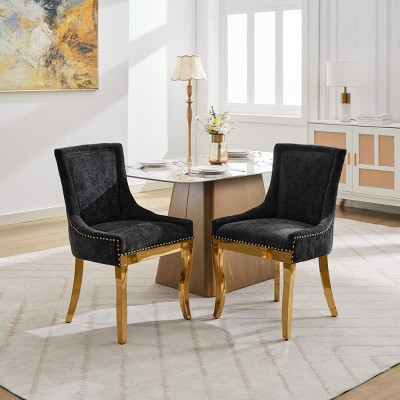 Chenille Dining Chairs Set of 2, Upholstered Accent Side Chairs with Gold-Plated Legs, Rivet Trim, Modern Curved Backrest-The Pop Home