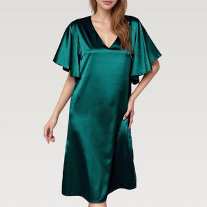 Anna-Kaci Lounge Women's Satin Midi Dress with V-Neckline and Flutter Sleeves for a Relaxed Elegant Fit - Large, Dark Olive - 1 of 4