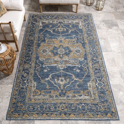 Blue and Yellow Reversible Medallion Synthetic Area Rug