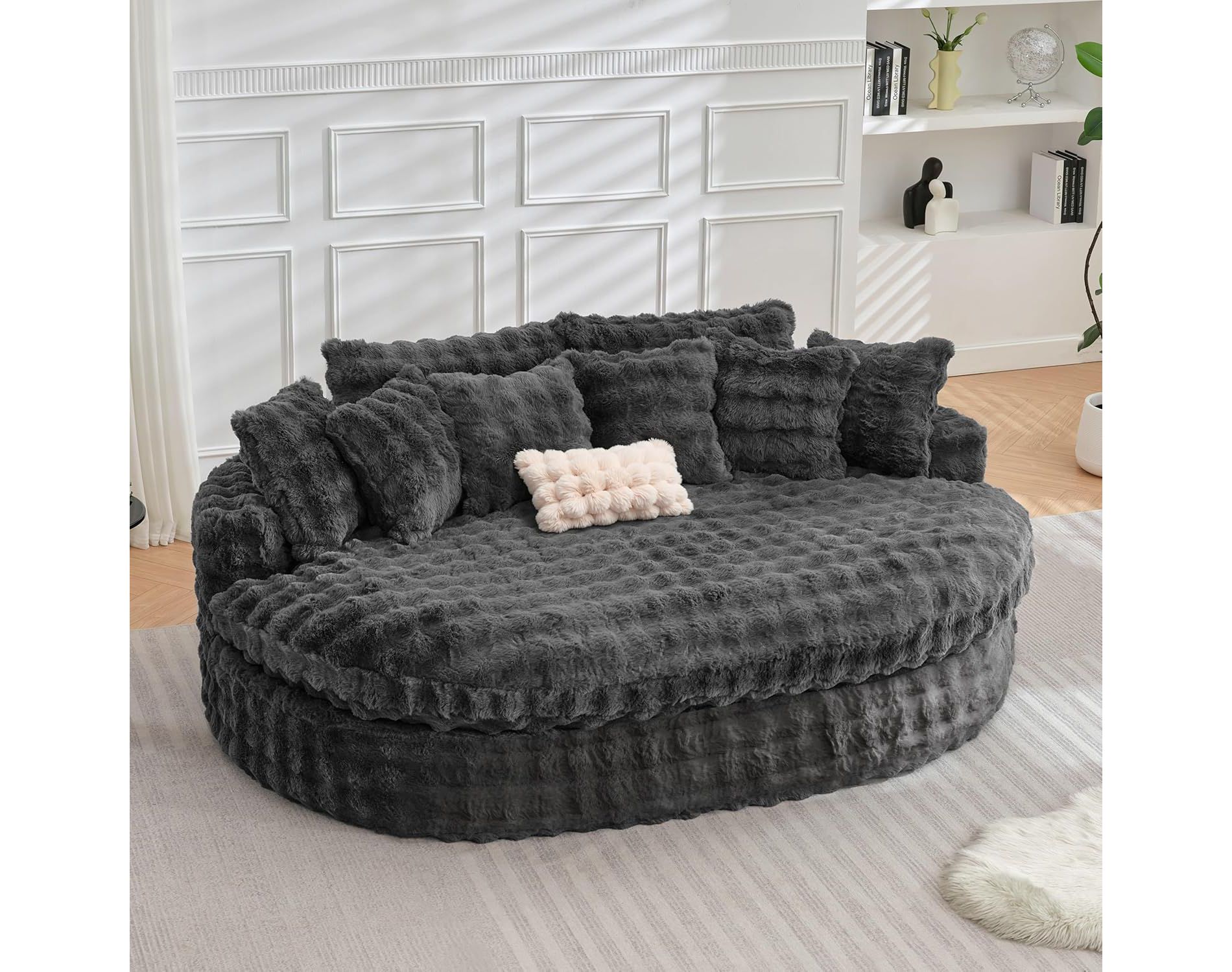 83 inch Oversized Round Sofa, Soft Cushion Sofa Bed with 6 Pillows, Round Chaise Lounge Chair for Bedroom, Livingroom, Gray